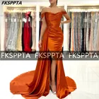 Блестящее оранжевое платье-Русалка с открытыми плечами, платье для выпускного вечера со шлейфом, женское сексуальное платье для свадебной вечеринки с Боковым Разрезом
