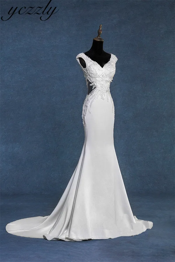 Реальные фотографии Кепки рукава с низким вырезом на спине Свадебные платья