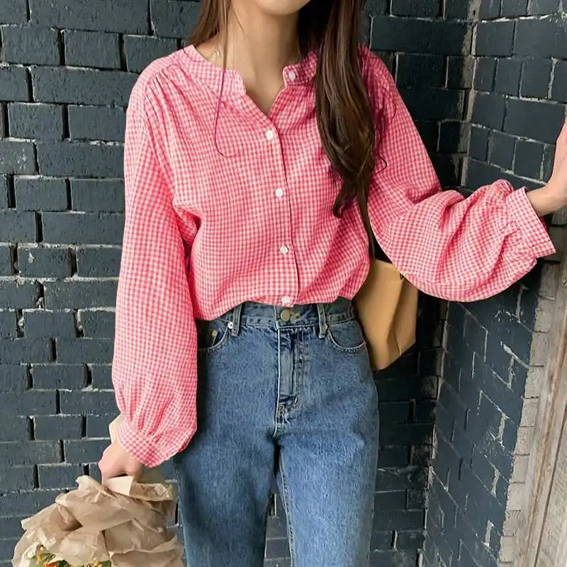 

Модные клетчатые рубашки, женские топы в клетку ZANZEA 2022, блузы с рукавами-фонариками, Женская туника на пуговицах, Повседневная Большая сороч...