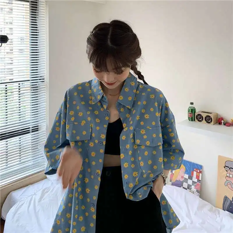 

Harajuku Shirts Women Floral Top Summer Short Sleeve Cardigans Plus Size Button Up Beautiful Blouses Korean Fashion 2021