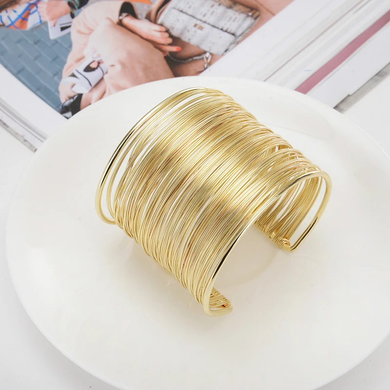

Wide Open Cuff Bracelets Bangles for Women Punk Retro Gold Silver Color Big Bangle Metal Wires String Handmade Jewerly Female