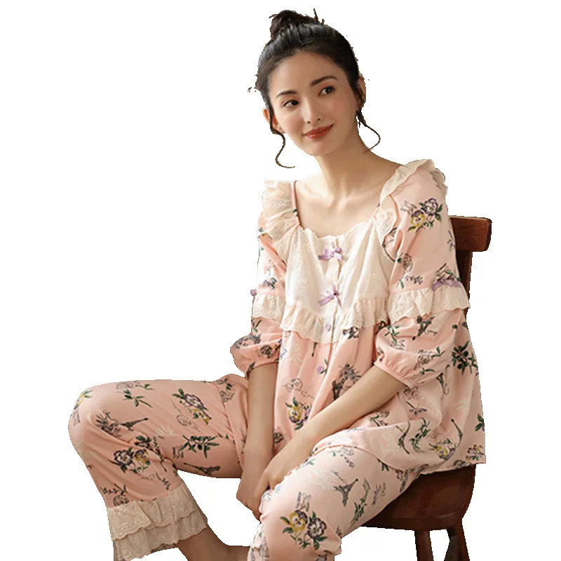 

Women's Thin Woven Pyjamas Cotton Short-Sleeved Pajamas for Women Long Sleeve Sexy Nightwear Lovely Printing Two Piece Set