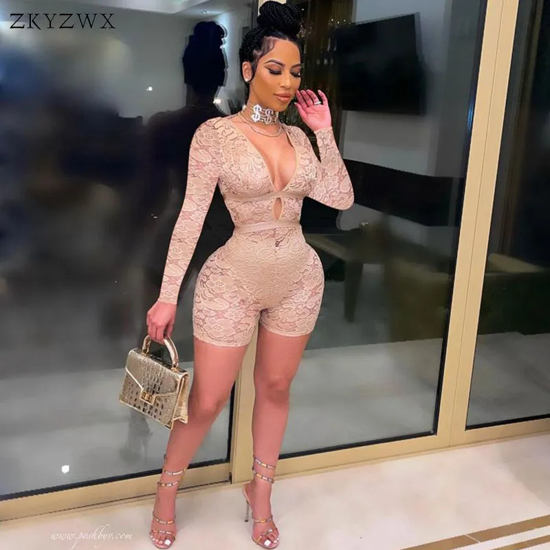 

ZKYZWX Sexy Lace Long Sleeve Bodycon Playsuit V Neck Jumpsuit Streetwear Outfits for Women One Piece Night Club Party Rompers