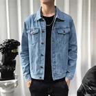 Мужская однобортная джинсовая куртка, однотонная Повседневная облегающая куртка из хлопка с лацканами, 2021, размера плюс, для осени, M-5XL