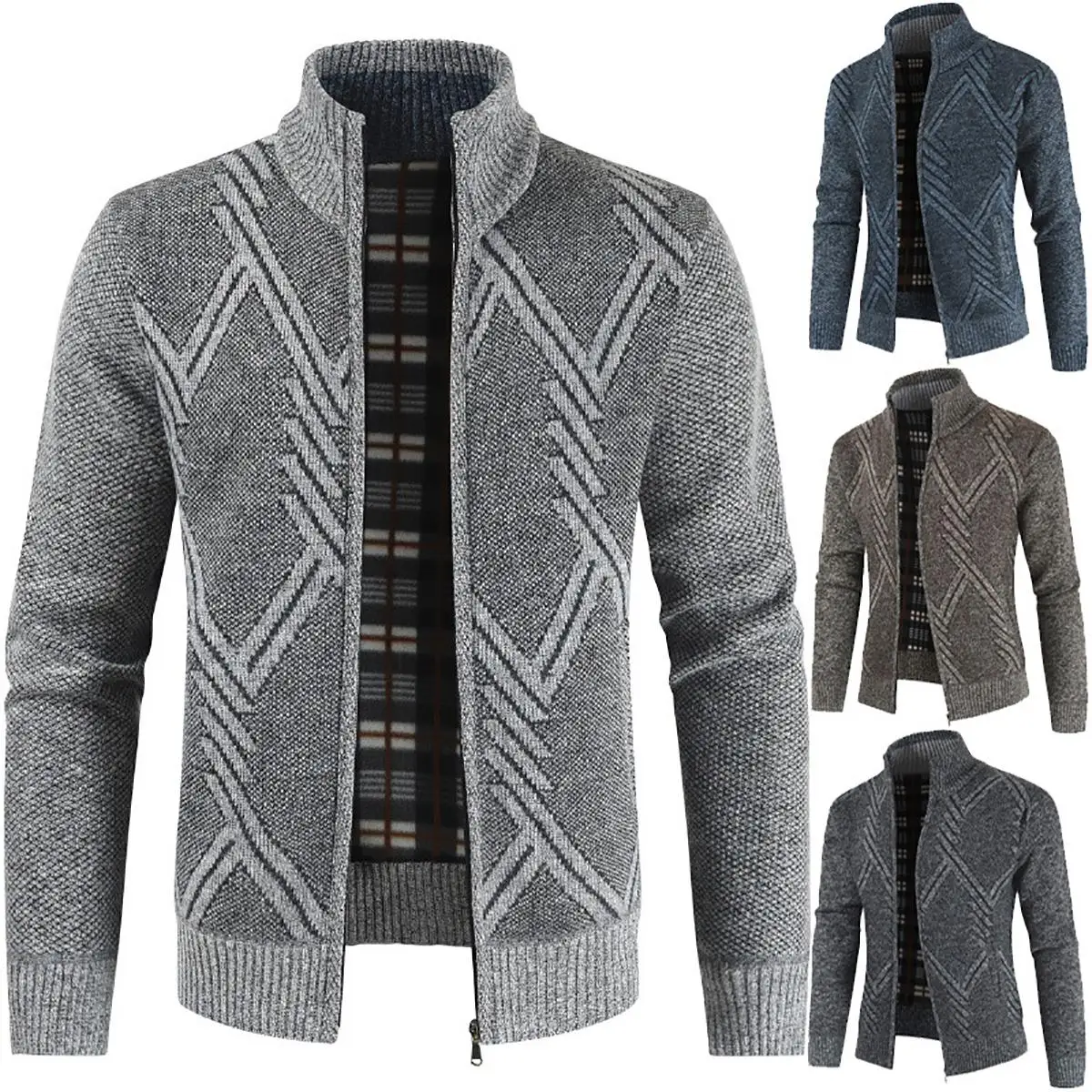 

Mens Cotton Coat Casual Knitted Zip Up Cardigan Male Standing Collar Striped Warm Winter Jumper