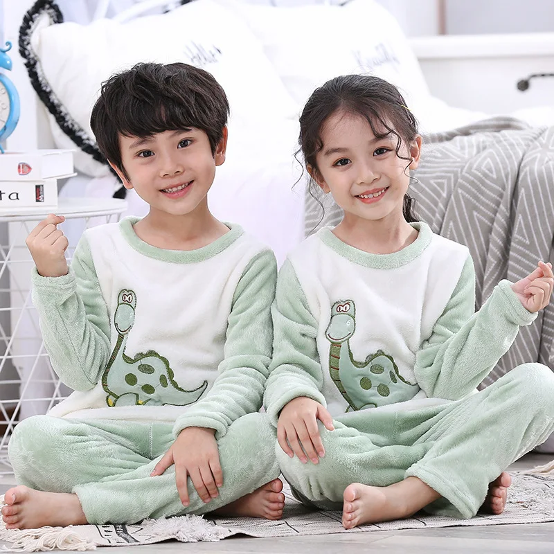 

New Girls Pajamas Set Warm Thicken Flannel Pijamas Mujer Children Coral Fleece Cartoon Pyjamas Kids Boys Clothes Sleepwear Suits