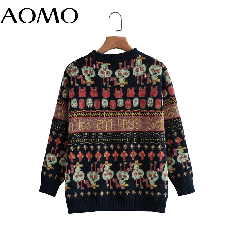 

AOMO Women 2021 Fashion Vintage Brown Knitted Sweater Jumper O Neck Female Oversize Pullovers Chic Tops 1F364A