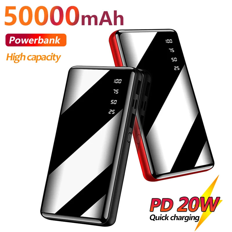 

Power Bank 50000mAh External Battery Mirror LCD Digital Display Portable Fast Charger with LED Light for IPhone Xiaomi Samsung