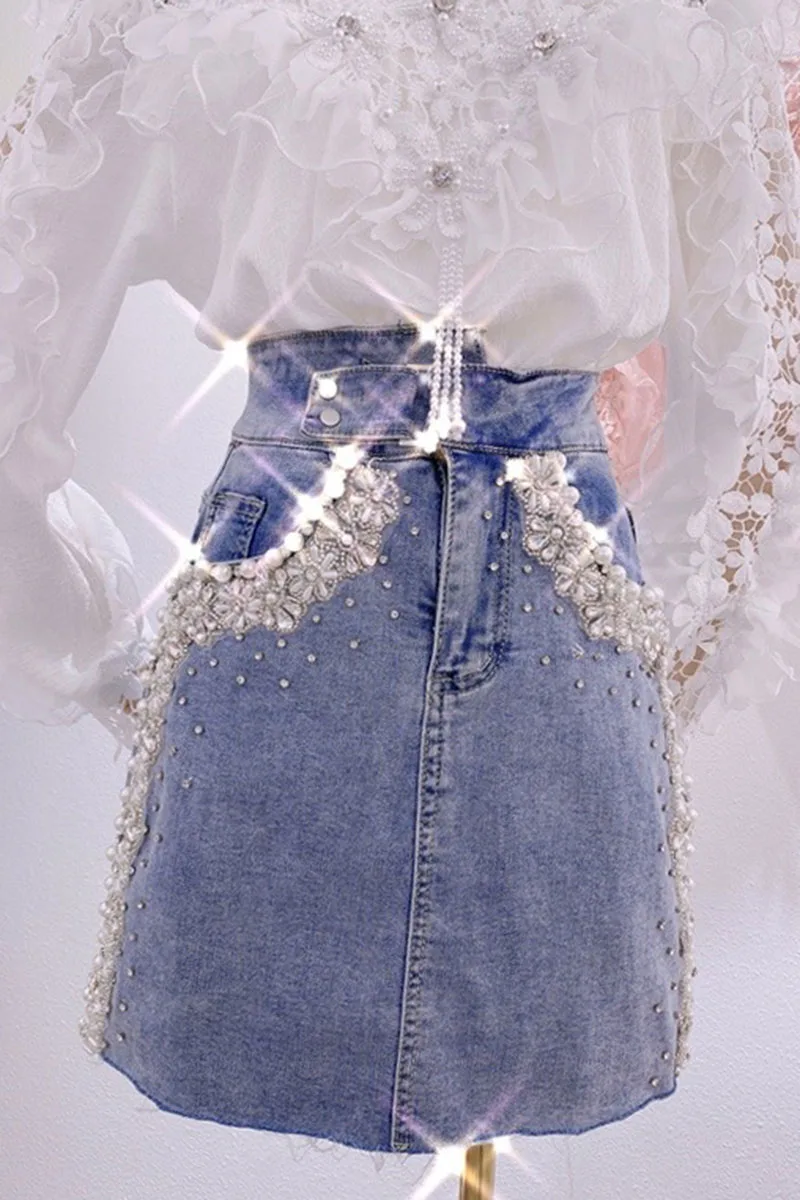 

European 2021 Summer New Diamond Beaded Flower Denim Skirt Women A- Line High Waist Jean Skirt Female Sweet Shudent Mini Skirt