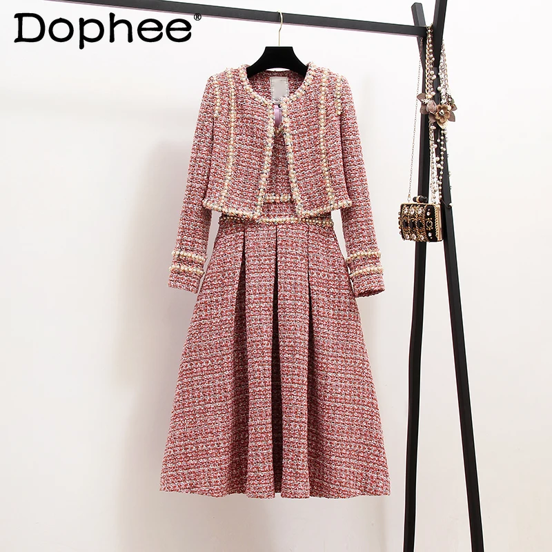 

2021 Autumn Fashion Women Clothing Bright Silk Tweed Stitching Woven Midi Dress+Long Sleeve O-neck Short Coats Top Two-Piece Set
