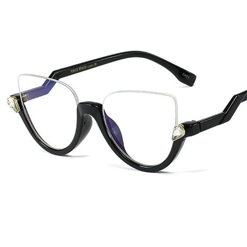 

Gafas de sol de medio marco estilo Ojo de gato, lentes transparentes, decoracion de diamantes de imitacion, clasicas