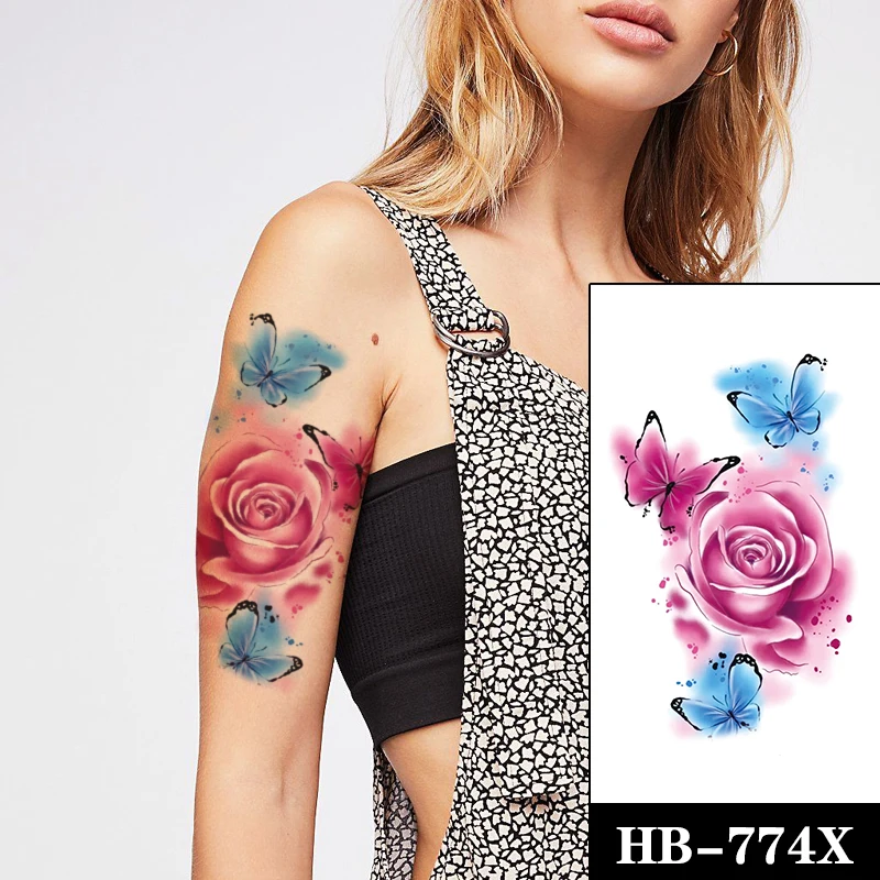 

Fashion Watercolor Temporary Tattoo Sticker Pink Flower Butterfly Tattoos Waterproof Tatoos Women Arm Body Art Sexy Fake Tatto