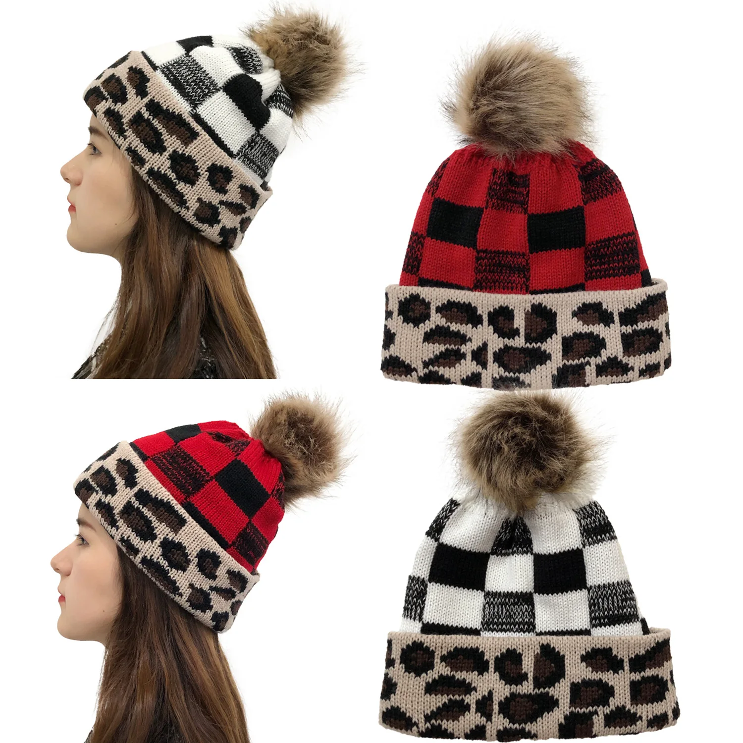 

Christmas New Detachable Wool Ball Knitted Hat Women's Leopard Check Crimped Wool Hat Soft Knit Ponytail Beanie Hat