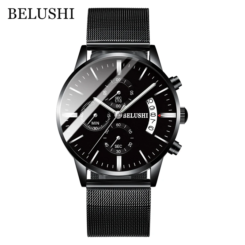 Meshbelt BlackSilver Мужские часы от роскошного бренда BELUSHI, высококачественные мужские деловые повседневные часы, мужские водонепроницаемые спортивные кварцевые наручные часы relogio masculino - Цвет: Meshbelt BlackSilver