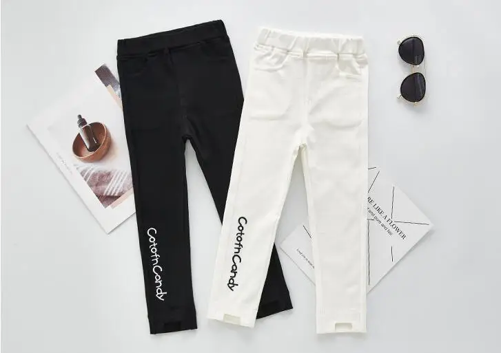 Весенние вышитые леггинсы с надписью для девочек-подростков белые черные узкие