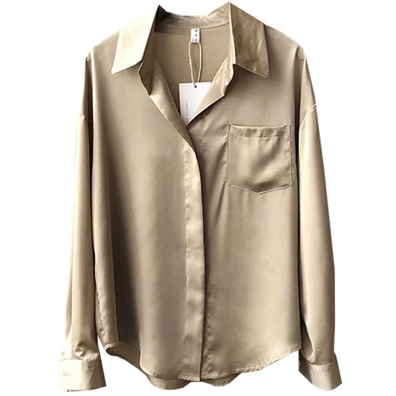 

Spring Autumn Temperament Lapel Satin Shirt Female New Style Korean Loose Long-Sleeved Pullover Top