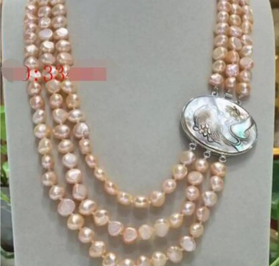 

Free Shipping natural 3Rows 8-9mm Australian south sea gold pink pearl necklace & beauty shell flower clasp 17"-20"