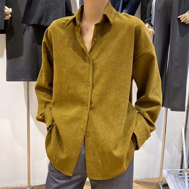 

Hstar Retro Loose-Fit Long Sleeve Laziness-Style Shirt High Quality Tops Fall and Spring Thick Corduroy Deerskin Sanding