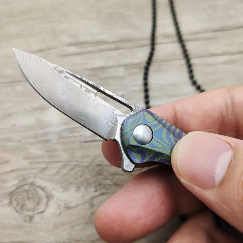 

Damascus Stell Pocket Knife Titanium Handle Folding Blade Knife EDC Outdoor Camping Knives Necklace Hand Tools Unpacking Knife