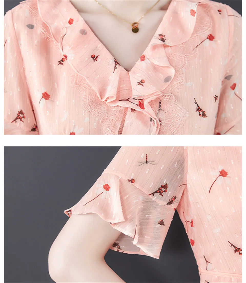

Summer Floral Printed Splice Chiffon Dress Women Casual Fashion Short Sleeve Party Dress Elegant Slim V-Neck A-Line Dress