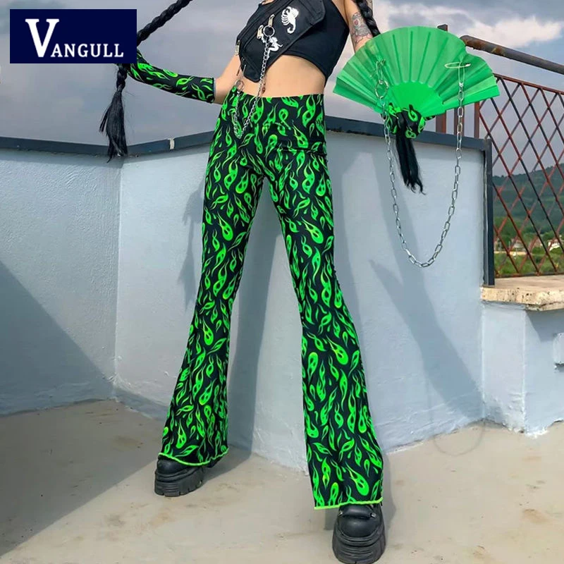 

Vangull Green Flame Printing Bell-bottoms Pants Women Elastic High Waist Autumn New Fashion Personality Sexy Clubwear Trousers