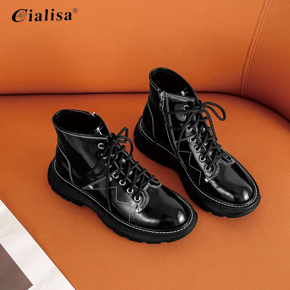 

CIALISA Women Shoes Fashion Round Toe High Heel Boot Autumn Winter New Genuine Leather Lace Up Chunk Heels Black Ankle Boots