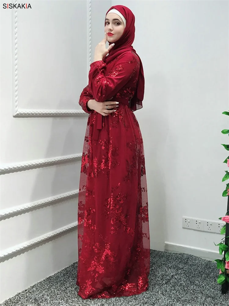

Clearance Muslim Abaya Red Dress Metal Color High End Lace Hot Stamp Dubai Robe Arab Islam Elegant Party Dress