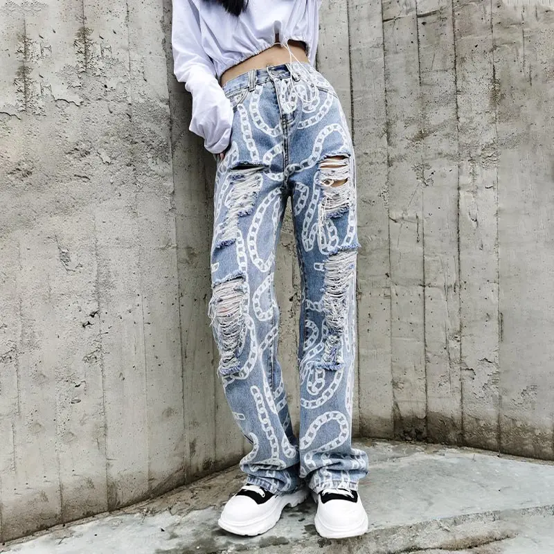

High Waist Ripped Jeans For Women's Loose Thin Jeans Denim Pants Breeches Overalls 2021 Vintage Female Torn Trousers Streetwear