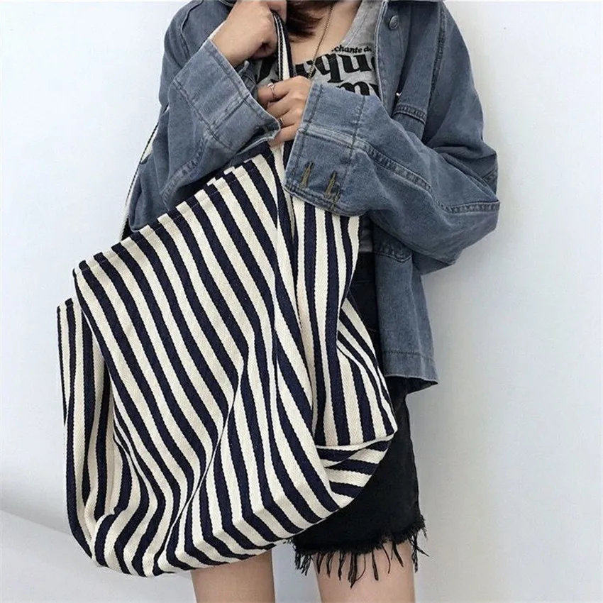 Women Canvas Tote Bag 2021 Stripe Patchwork High Capacity for Student Shopping Working All-Match Fashion Beige ins Chic