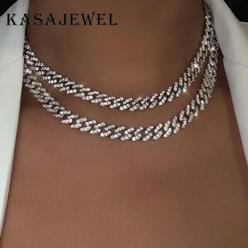 

Punk HipHop Iced Out Crystal Miami Cuban Chain Choker Necklaces Gold Silver Color Bling Rhinestone Necklace for Women Jewelry