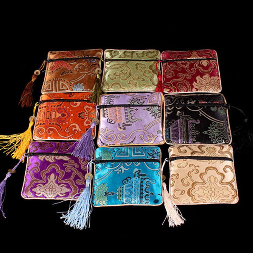 

Fashion Bags Pouches Mix Colors Chinese Zipper Coin Tassel Silk Square Jewelry 10PCS