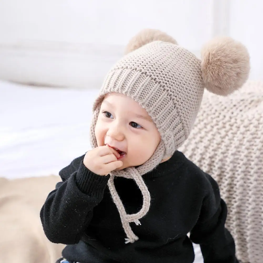 Детская зимняя двойная Кепка с помпонами для мальчиков и девочек детская мягкая