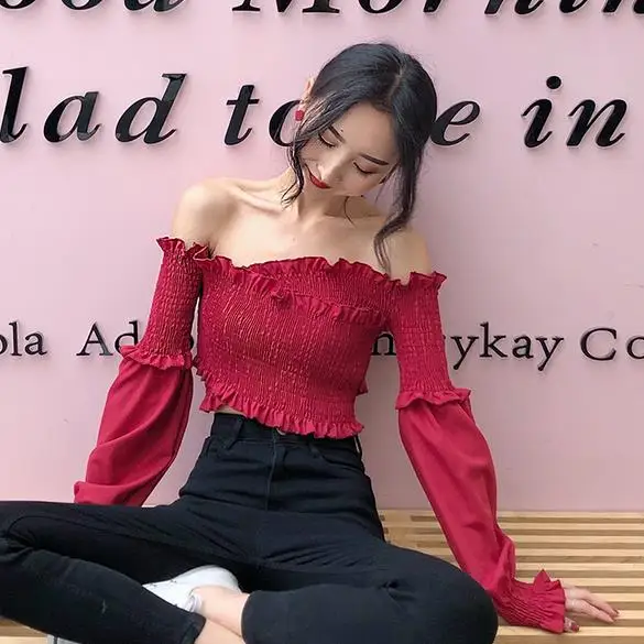 Плиссированная блузка с расклешенными рукавами рубашка оборками воротником