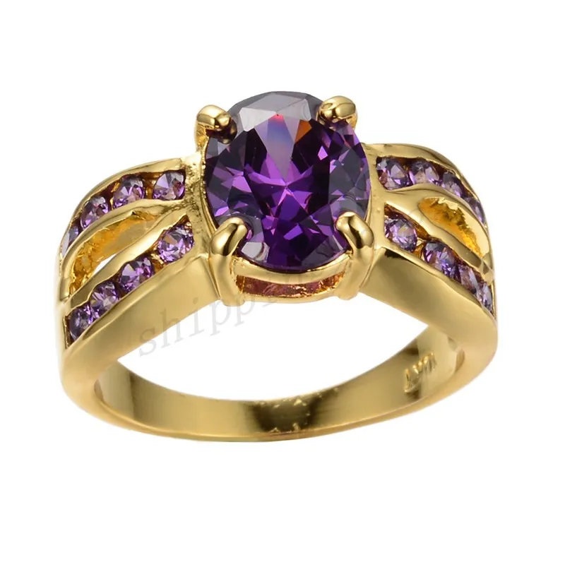 

Elegant Female Purple Crystal Stone Ring 18KT Yellow Gold Big Wedding Rings For Women Luxury Oval Zircon Stone Engagement Ring