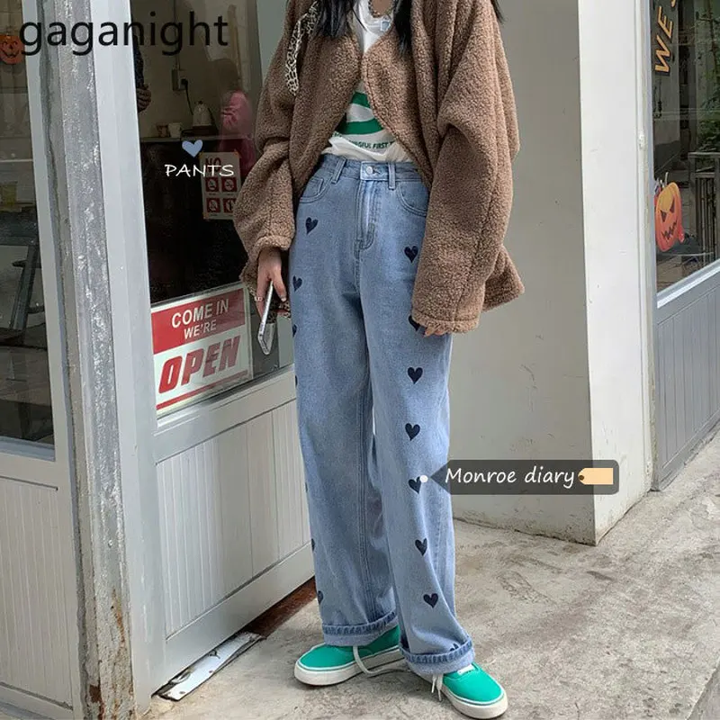 

Gaganight с принтом в виде надписи «Love» женские джинсы размера плюс, повседневные свободные брюки из джинсовой ткани Шикарная Леди брюки с широк...