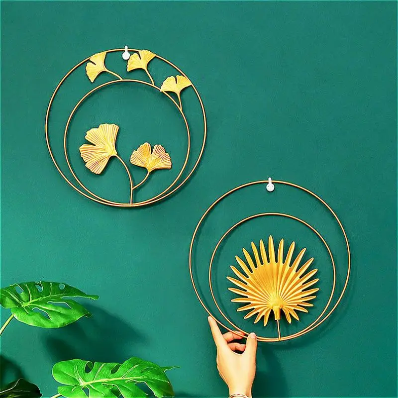 

Nordic Wall Hanging Ornament Crafts Gold Ginkgo Leaf Circle Palm Maple Leaf Ear of Wheat Living Room Background Home Decoration