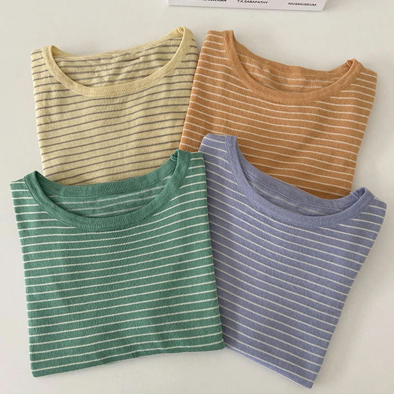 

Striped Tee Shirt Knitted T Shirt Woman Tshirt Casual O-Neck Short Sleeve Tees Summer Tops Women Fashion Thin T-Shirts Clothes