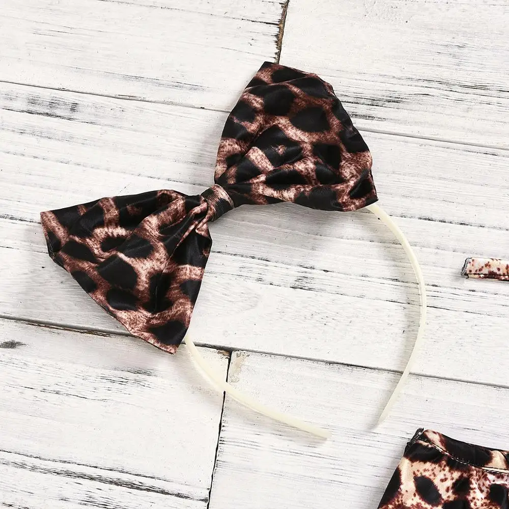 Комплект летней одежды для маленьких девочек обруч волос с леопардовым бантом +