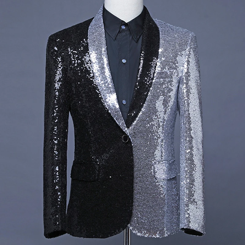 Мужской костюм певицы получёрный с блестками модный Асимметричный пиджак для