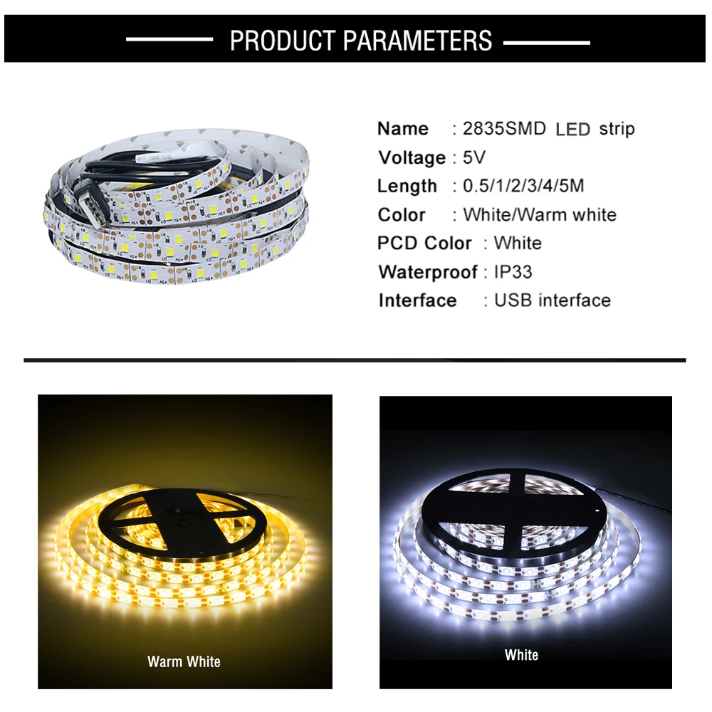 Светодиодная лента RGB на 5 В с питанием от USB 60 светодиодов/м 2835 SMD не