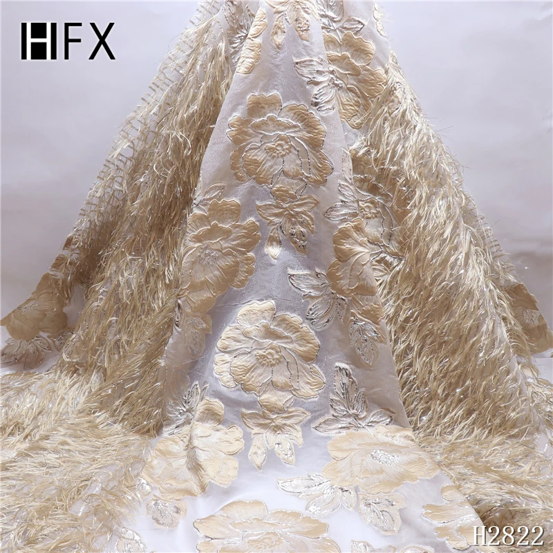 HFX Новая высококачественная африканская жаккардовая ткань с перьями французское кружево с блестками материал для свадебного платья H2822