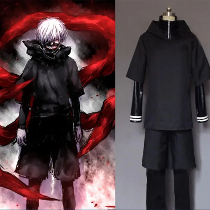 

New Tokyo Ghoul Kaneki Ken Black Coat Hoodie Shorts Uniform Sportwear Anime Cosplay Costumes Free Shipping Shirt+Coat
