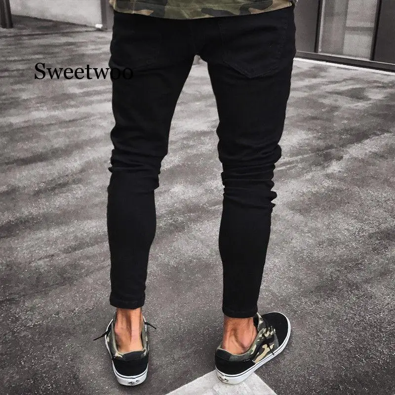 Mens Black Jeans Skinny Ripped Destroyed Stretch Slim Fit Hop Hop Pants With Holes For Men