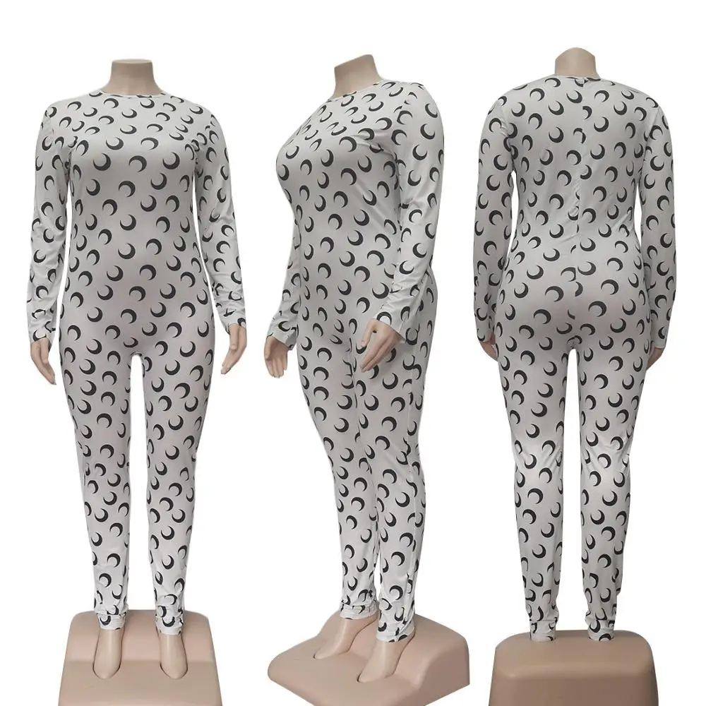 

2021 Autumn Newest Women Jumpsuits With Fashion Moon Printed O-Neck Full Sleeves Skinny Sexy Lady's Rompers Plus Size XL-5XL