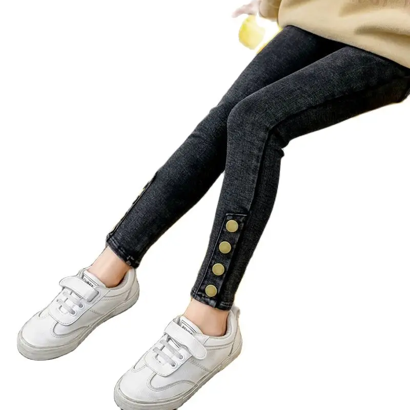 

2021 Winter Kids Jeans Velvet Warm Teenage Girl Solid Denim Pants Fashion Botton Legging Autumn Casual Children Trouser 11 12 14