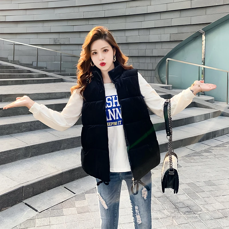 Осенне-зимний Повседневный однотонный хлопковый жилет на молнии женский