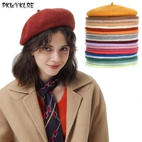 womens beret autumn and winter 100 thick female artist french wool warm beret retro simple pure color elegant lady beanie