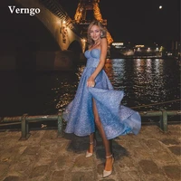 verngo glitter a line dark blue prom dresses 2021 sweetheart side slit tea length evening party gowns formal homecoming dress