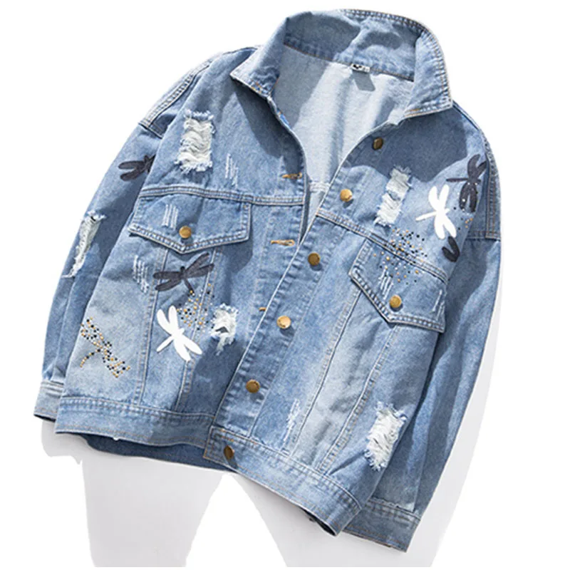 Женская джинсовая куртка бойфренд свободного покроя с вышивкой размеры 3Xl 4Xl 5Xl