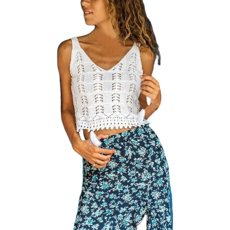 

Women's Fashion Pure Color Tank Tops Ladies Summer Boho Suspender Hollow Knitted Suspender Vest